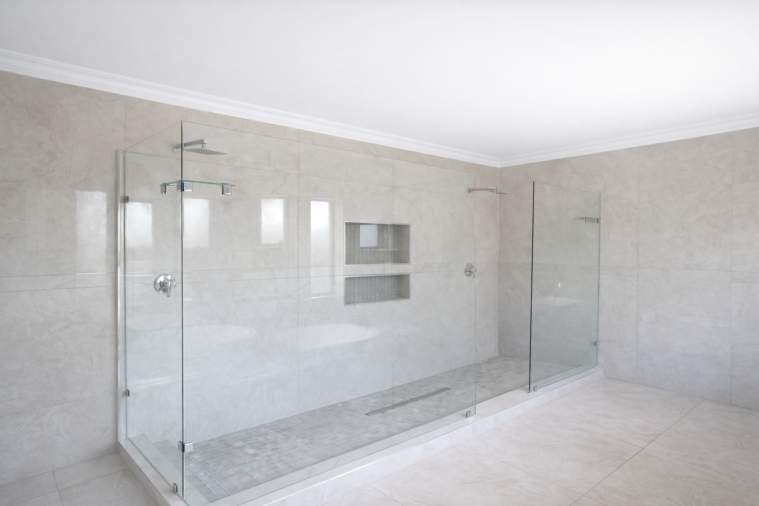 Frameless glass shower enclosure in a tiled bathroom